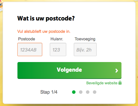 Microcopy voorbeeld van Postcodeloterij.nl